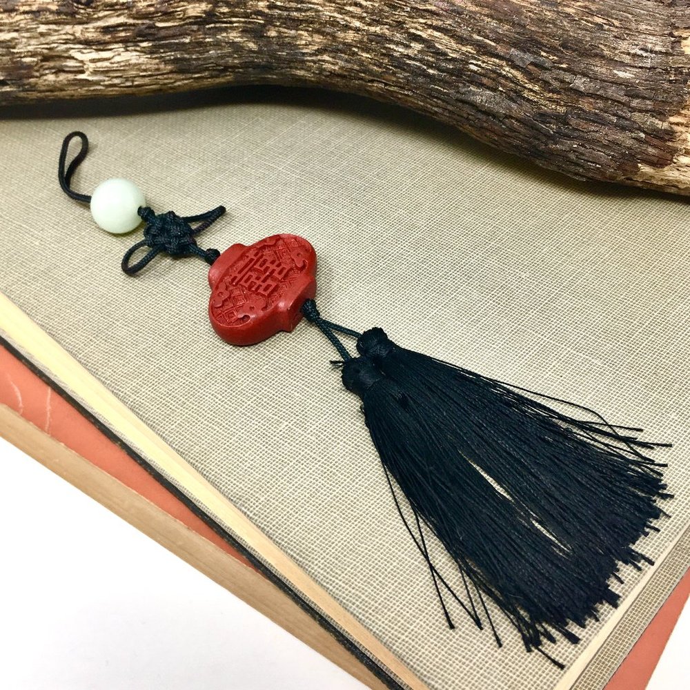 Mini Chinese Knot Red Cinnabar Bead Black Tassel Hanging Pendant Charm